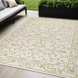 5' X 8' Cream And Green Medallion Indoor Outdoor Area Rug