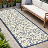 8' Navy Blue And Beige Geometric Indoor Outdoor Runner Rug