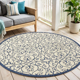 5' Navy Blue And Beige Round Geometric Indoor Outdoor Area Rug