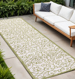 10' Green And Cream Geometric Indoor Outdoor Runner Rug
