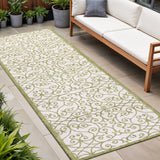8' Green And Cream Geometric Indoor Outdoor Runner Rug