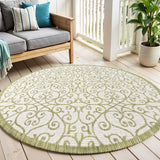 5' Green And Cream Round Geometric Indoor Outdoor Area Rug