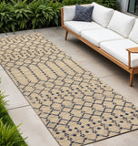 10' Beige And Navy Blue Trellis Indoor Outdoor Runner Rug