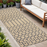 8' Beige And Navy Blue Trellis Indoor Outdoor Runner Rug