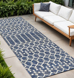 10' Navy Blue And Beige Trellis Indoor Outdoor Runner Rug