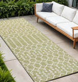8' Light Green And Cream Trellis Indoor Outdoor Runner Rug