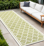 8' Green And Cream Geometric Indoor Outdoor Runner Rug