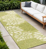 10' Green And Cream Floral Indoor Outdoor Runner Rug
