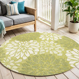 5' Green And Cream Round Floral Indoor Outdoor Area Rug