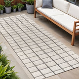 8' Cream And Dark Gray Plaid Indoor Outdoor Runner Rug