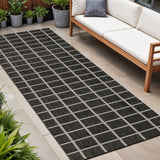 8' Dark Gray And Cream Plaid Indoor Outdoor Runner Rug