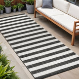 8' Black And Cream Striped Indoor Outdoor Runner Rug