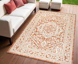 4' X 6' Orange And Cream Medallion Indoor Outdoor Area Rug