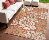 4' X 6' Orange And Cream Floral Indoor Outdoor Area Rug
