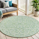 5' Green And Ivory Round Medallion Indoor Outdoor Area Rug