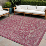 5' Fuchsia And Light Gray Square Medallion Indoor Outdoor Area Rug