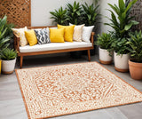 5' Orange And Cream Square Medallion Indoor Outdoor Area Rug