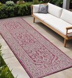 8' Fuchsia And Light Gray Medallion Indoor Outdoor Runner Rug