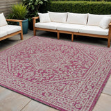 5' Fuchsia And Light Gray Square Medallion Indoor Outdoor Area Rug