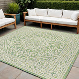 5' Cream And Green Square Medallion Indoor Outdoor Area Rug
