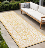 8' Yellow And Cream Medallion Indoor Outdoor Runner Rug