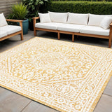 5' Yellow And Cream Square Medallion Indoor Outdoor Area Rug