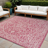 5' Fuchsia And Light Gray Square Medallion Indoor Outdoor Area Rug