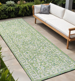8' Cream And Green Medallion Indoor Outdoor Runner Rug