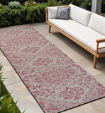 8' Light Gray And Fuchsia Medallion Indoor Outdoor Runner Rug
