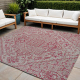 5' Light Gray And Fuchsia Square Medallion Indoor Outdoor Area Rug