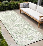 8' Green And Cream Medallion Indoor Outdoor Runner Rug
