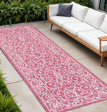 8' Fuchsia And Light Gray Medallion Indoor Outdoor Runner Rug