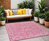 5' Fuchsia And Light Gray Square Medallion Indoor Outdoor Area Rug