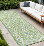10' Green And Ivory Medallion Indoor Outdoor Runner Rug