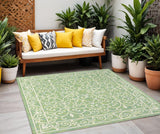 5' Green And Ivory Square Medallion Indoor Outdoor Area Rug