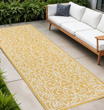 10' Yellow And Cream Medallion Indoor Outdoor Runner Rug