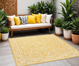 5' Yellow And Cream Square Medallion Indoor Outdoor Area Rug