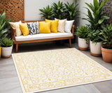 5' Cream And Yellow Square Medallion Indoor Outdoor Area Rug