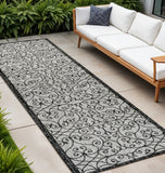 8' Light Gray And Black Geometric Indoor Outdoor Runner Rug