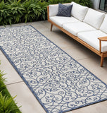 10' Blue And Cream Geometric Indoor Outdoor Runner Rug