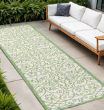 8' Cream And Green Geometric Indoor Outdoor Runner Rug