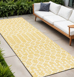 10' Yellow And Cream Trellis Indoor Outdoor Runner Rug