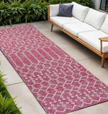 8' Fuchsia And Light Gray Trellis Indoor Outdoor Runner Rug