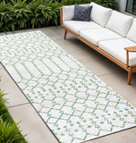 8' Green And Ivory Trellis Indoor Outdoor Runner Rug