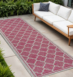 8' Fuchsia And Light Gray Geometric Indoor Outdoor Runner Rug