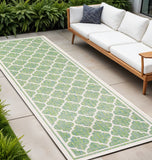 10' Cream And Green Geometric Indoor Outdoor Runner Rug