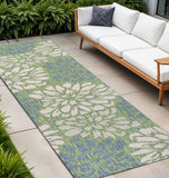 8' Cream And Green Floral Indoor Outdoor Runner Rug
