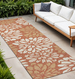 10' Orange And Cream Floral Indoor Outdoor Runner Rug