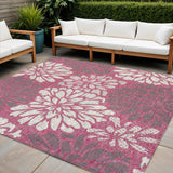 5' Fuchsia And Light Gray Square Floral Indoor Outdoor Area Rug