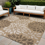 5' Brown And Cream Square Floral Indoor Outdoor Area Rug